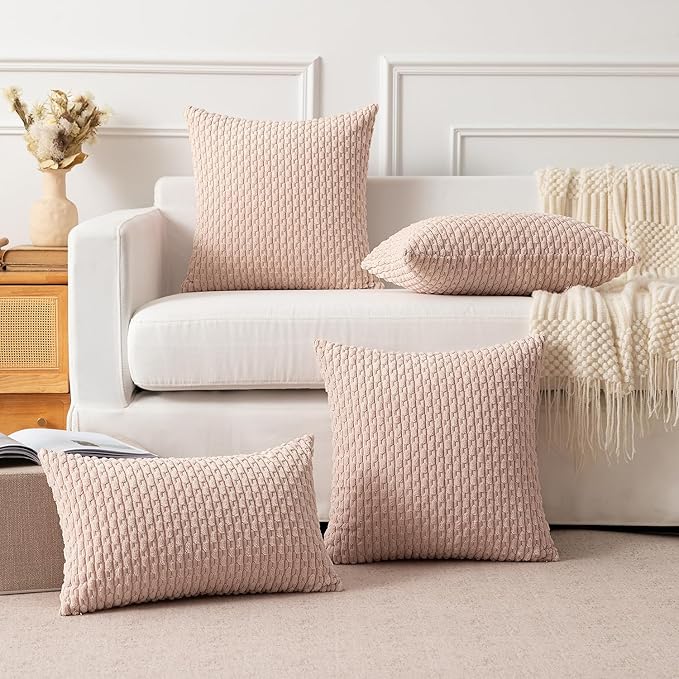 Kevin Textile Pack of 2 Corduroy Decorative Throw Pillow Covers 20x20 Inch Soft Boho Striped Pillow Covers Modern Farmhouse Home Decor for Spring Sofa Living Room Couch Bed Pink