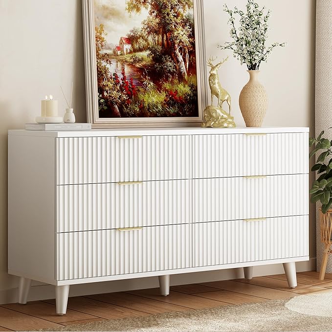 Lulive White Dresser for Bedroom Wood Dressers Chest of Drawers, Fluted 53.2" Wide Modern Long Dresser TV Stand 6 Drawers for Bedroom, Closet, Living Room, Hallway (White)