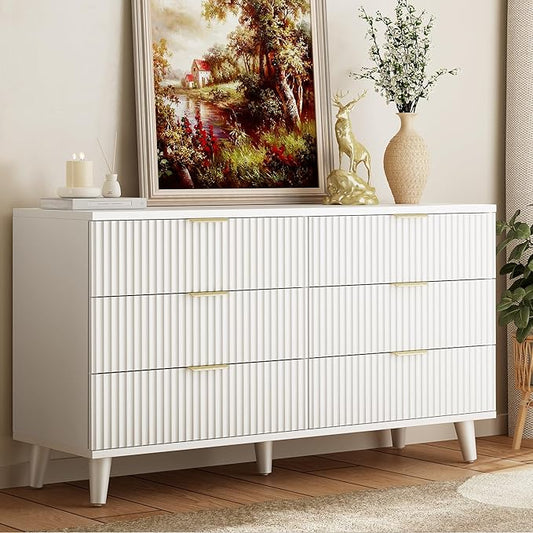 Lulive White Dresser for Bedroom Wood Dressers Chest of Drawers, Fluted 53.2" Wide Modern Long Dresser TV Stand 6 Drawers for Bedroom, Closet, Living Room, Hallway (White)