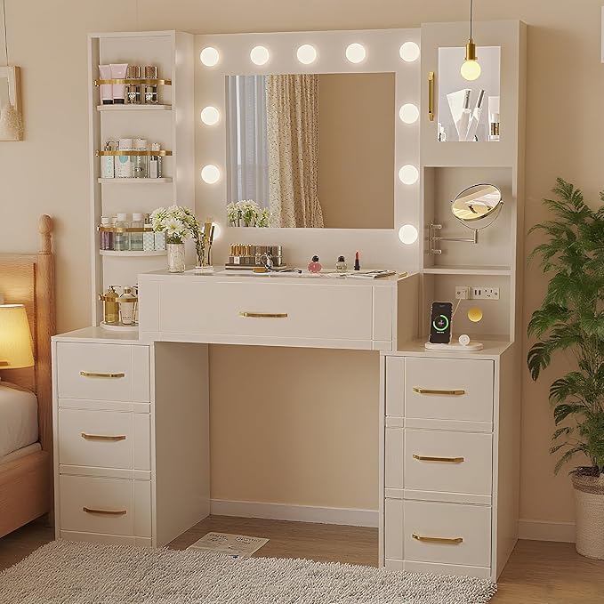 Makeup Vanity Desk with Mirror and Lights,Glass Top Dresser with Charging Station,Vanity Table with 7 Drawers and 10X Makeup Mirror,Rotating Open Storage Cabinet (White-10X Mirror, Large)