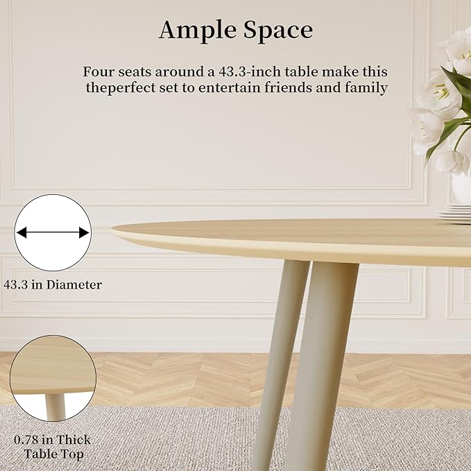 43.3 Inch Round Dining Table Set for 4, Modern Small Kitchen Coffee Set for Dining Room Kitchen Apartment (Cream Table+4 U-Shaped White Chairs)