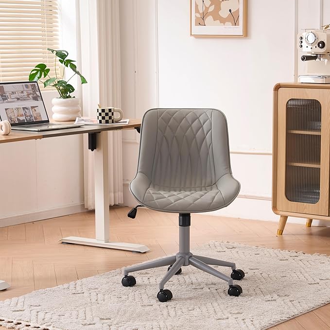 YOUNIKE Grey Home Office Desk Chair No Arms Comfy Small Vanity Chair Chair with Wheels Swivel Adjustable Modern Ergonomic Task with Back Armless Cute Leather Upholstered Rolling Chair