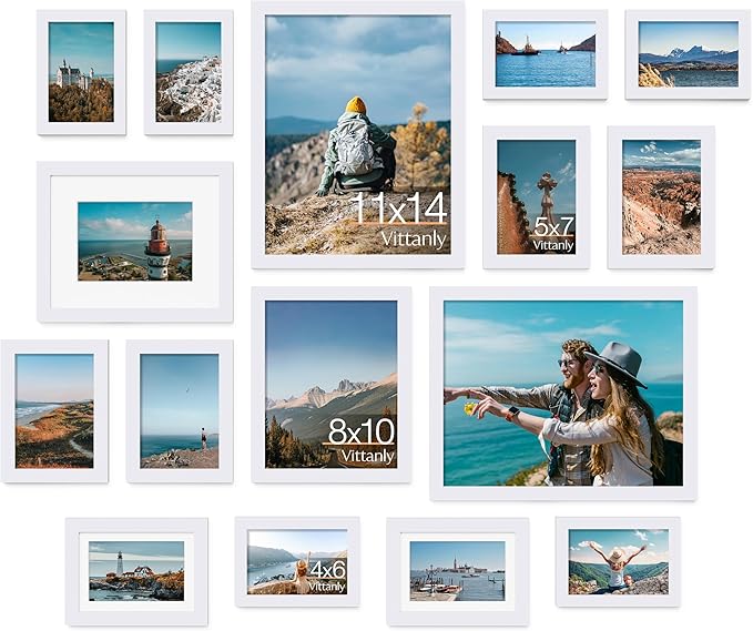 Vittanly Picture Frames Set of 16, Gallery Wall Frame Set with 2Pcs 11x14, 2Pcs 8x10, 6Pcs 5x7 and 6Pcs 4x6 Photo Frames, Picture Frames Collage Wall Decor for Wall or Tabletop Display, White