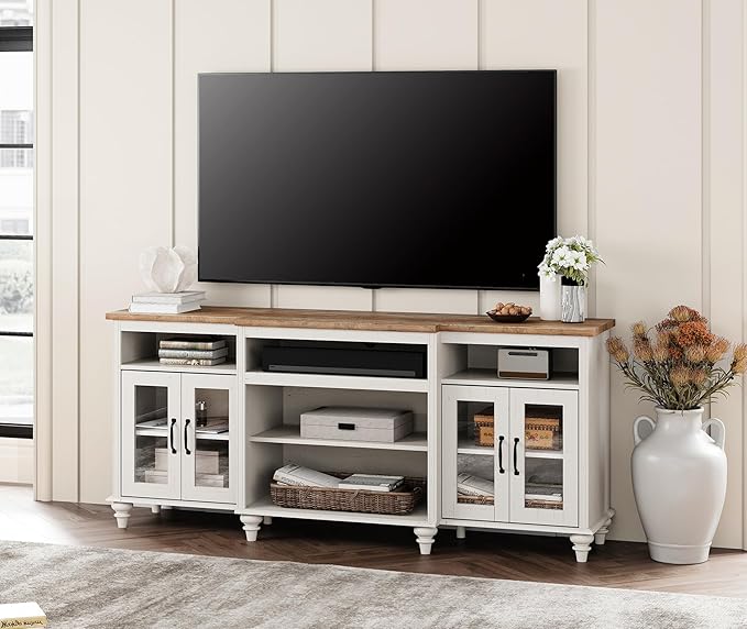 WAMPAT Farmhouse TV Stand with 16 Color LED Light, 4-Door Glass Wood Entertainment Center with 9 Storage Cabinets, Media Console Table for Living Room Bedroom，70'', Antique White