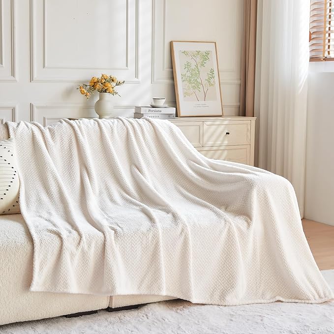 NEWCOSPLAY Super Soft Twin Blanket Ivory Premium Silky Flannel Fleece Leaves Pattern Lightweight Bed Blanket All Season Use (Ivory, Twin(60"x80"))