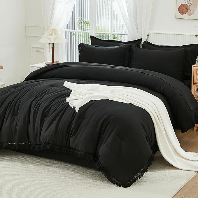 Andency Black Full Size Comforter Set with Sheets - 7 Pieces Boho Tassel Bed in a Bag Soft Lightweight Bedding Sets, Black Fringe Bed Set with Comforter, Sheets, Pillowcases & Shams