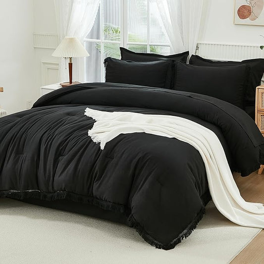 Andency California King Size Black Comforter Sets with Sheets - 7 Pieces Boho Tassel Bed in a Bag Soft Lightweight Bedding Sets, Black Fringe Bed Set with Comforter, Sheets, Pillowcases & Shams