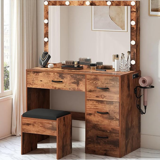 YITAHOME Makeup Vanity with Lighted Mirror, Vanity Desk with Power Outlets & Storage Drawers, Vanity Set with Stool for Dressing Area