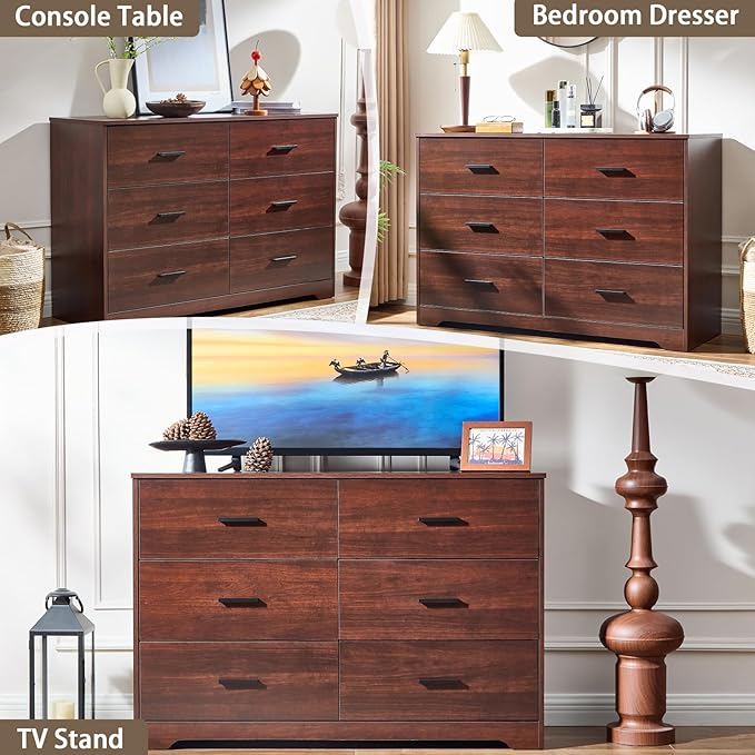 LIDYUK Dresser for Bedroom, Wood Dresser with 6 Drawers, Modern Minimalist Style Dressers & Chests of Drawers, 48 Inches Wide Chest of Drawers for Bedroom, Hallway, Living Room, Dark Cherry