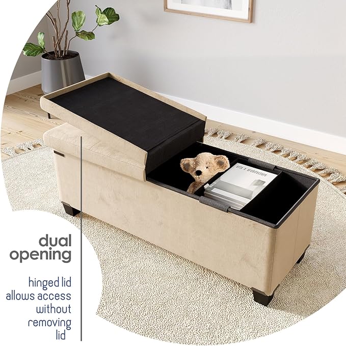 STORAGEBUD Storage Ottoman Bench with Bins, 43-in Storage Bench for Bedroom End of Bed, Folding Foot Rest Ottoman for Living Room Max 660lbs, Velvet Ottomans, Beige