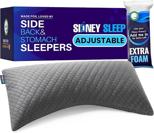 Sidney Sleep Pillow for Side and Back Sleepers - Comfort for Neck and Shoulder Pain - Adjustable and Customizable Shredded Memory Foam Filling - King Size - Additional Foam Fill Included (Grey)