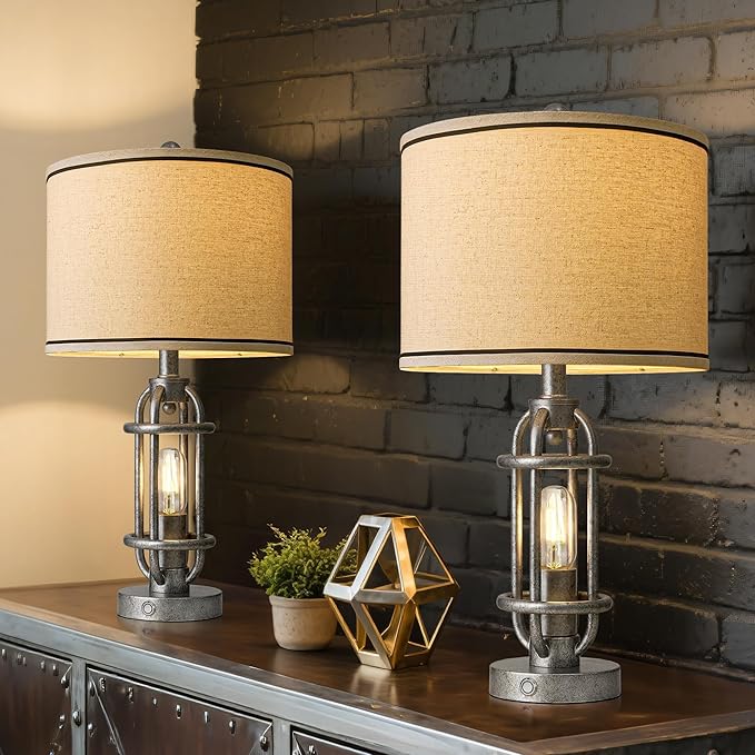 23.75'' Table Lamps Set of 2 for Living Room Bedroom Industrial Farmhouse Metal Touch Lamps with USB A+C Ports, Night Light Vintage Nightstand Bedside Lamp, Bulbs Included, Antique Silver