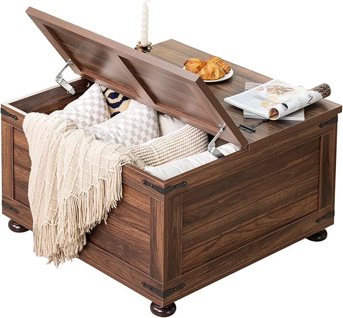 Farmhouse Coffee Table with Hidden Storage,Large Square Center Table for Living Room,Retro Cocktail Tables with Flip-Top Lids, Farm House Tables with Wooden Gourd Feet for Home,Brown Walnut