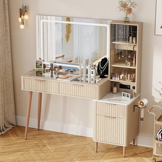 48" Fluted Makeup Vanity Desk with 36" Mirror and 3 Modes Lights, Glass Top Dressing Table with Jewelry Organizer Cabinet, Storage Cabinet, 3 Drawers, Charging Station for Bedroom, Oak