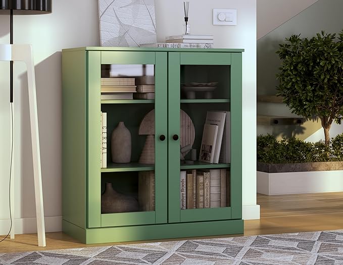 Palace Imports Solid Wood Bookcase - Floor Standing Bookshelf - 32” W - Display Furniture, Renewable 100% Eco-Friendly Wood, Made in Brazil (Green, Clear Glass Doors | 3-Shelf Short Bookcase)
