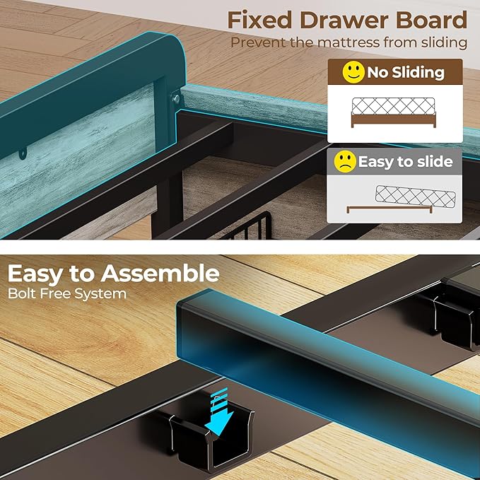 Rolanstar Bed Frame Twin Size with Charging Station and LED Lights, Upholstered Storage Headboard with Drawers, Heavy Duty Metal Slats, No Box Spring Needed, Easy Assembly, Vintage Grey and Black