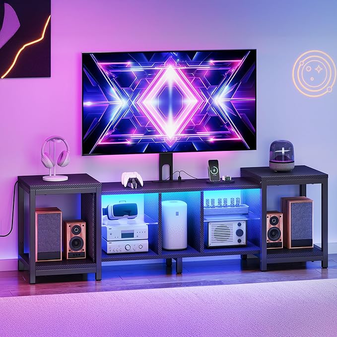 YITAHOME TV Stand with Mount for Living Room, Black Modern TV Stand for 70inch TV with Power Outlet & LED Lights, LED Entertainment Center, Gaming TV Console Cabinet, Black Carbon Fiber