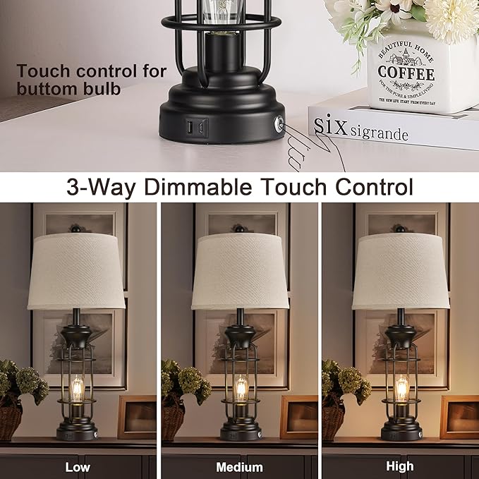 Black Table Lamps Set of 2, 28.5" Farmhouse Lamps for Living Room with USB C+A Ports, Touch Lamps for Bedroom, LED Bulbs Included