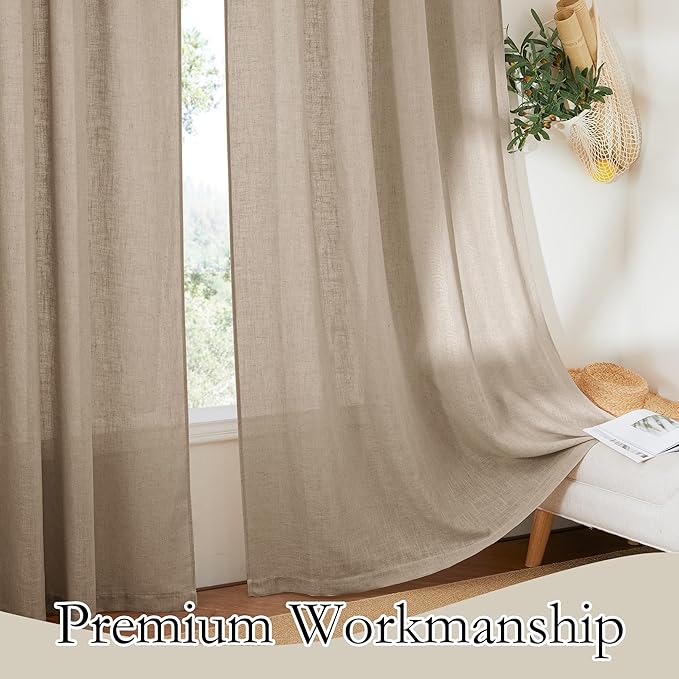 RYB HOME Light Filtering Linen Sheer Curtains, UV Privacy Protected Linen Blend Stain Resistant Burlap Panels for Farmhouse/Living Room/Dining Room, Khaki, Length 84 by Width 52 inch, 2 Panels