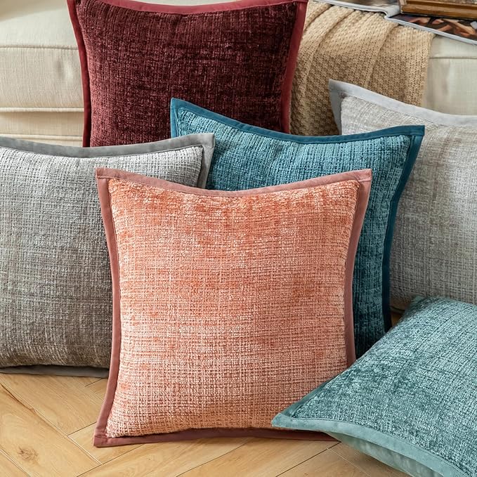 Yaertun Pack of 2 Chenille Textured Decorative Throw Pillow Covers Accent Solid Cushion Cover Soft Cozy Pillow Case with Velvet Back for Couch Sofa Bed Living Room 26x26 Inch Pink