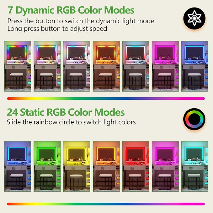 HENBC Vanity with Mirror and LED Lights, Glass Top Vanity Desk with Charging Station(Wireless+USB+Type-C), RGB Makeup Table Set with Stool/Makeup Organizer/6 Drawers for Bedroom,White