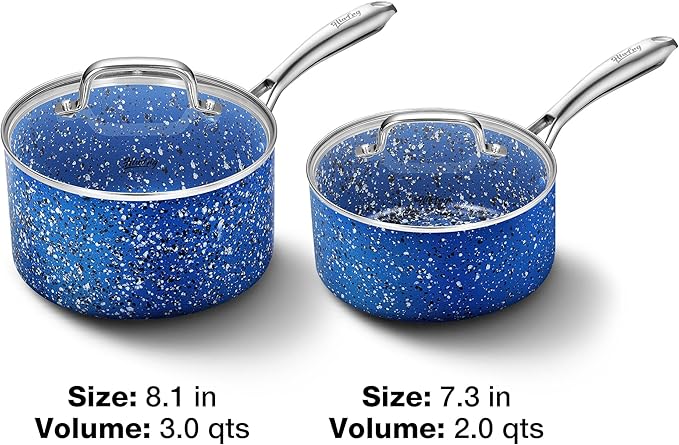 Saucepan Set with Lid, Nonstick 2Qt & 3Qt Pot Set with Lid, Small Pot with Stainless Steel Handle, Natural Granite Nonstick Saucepan Set, Small Sauce Pots, Blue Pot Set - 2Qt & 3Qt