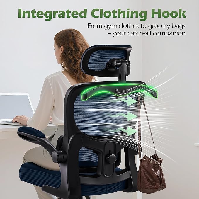 Office Chair Ergonomic Desk Chairs with Adjustable Lumbar Support& Headrest Hanger, High Back Breathable Mesh Chair with Wheels, Rolling Swivel Comfy Task Computer Chair for Home Work Gaming