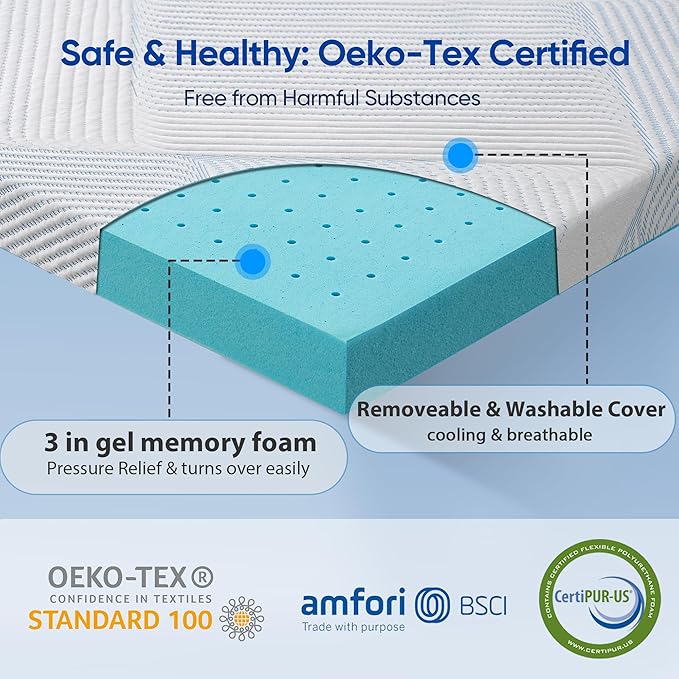 3 Inch Memory Foam Mattress Topper for College Dorm Bed - Twin XL Size | Extra Long Twin |High Density Cooling Bed Topper Pressure Relief with Removable & Washable Cover