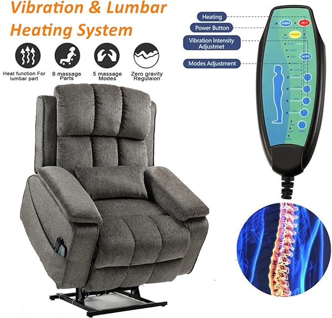 Lift Recliner Chairs for Elderly, Oversized Power Lift Chair with Heat and Massage, 180° Lay Flat Recliner with Extended Footrest, USB & Type-C Ports and Side Storage for Big Man 400lbs Sleeping