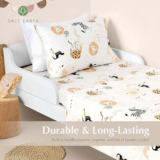 100% Cotton 210TC Salt Earth Kids Bedsheet,Twin Sheets Set for Toddler bed, 3 Piece Bedding Set Including Flat Sheet, Fitted Sheet, and Pillowcase, Themed Sheets for a Playful Kids Bed (Jungle Safari)