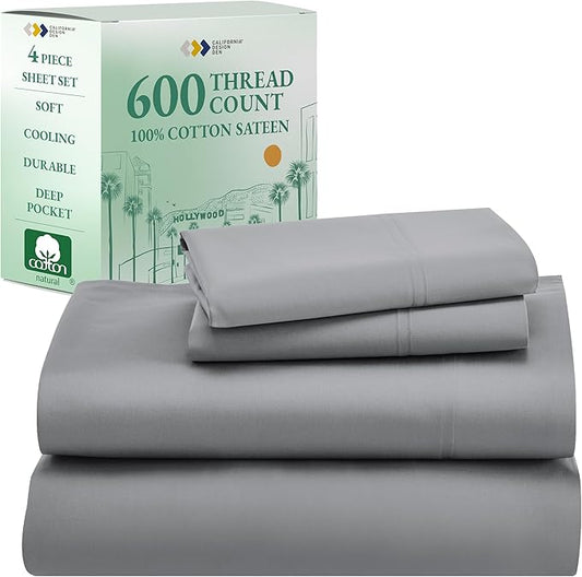 California Design Den - Luxury Full Size Sheet Set - 100% Cotton, 600 Thread Count Deep Pocket Full Size Bed Sheets, Hotel-Quality Cooling Sheets with Sateen Weave - Mist Grey