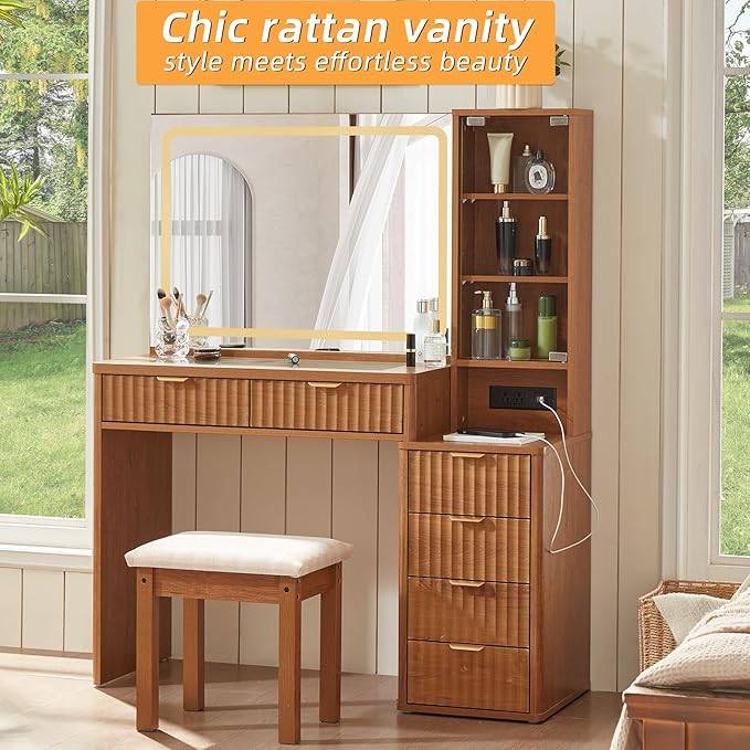 LEYAOYAO Vanity Desk with Mirror and Lights with Stool, 43.5'' Fluted Makeup Vanity with 6 Drawers and Adjustable Shelves,Wood Make Up Vanity Set with Glass Top and Power Outlet for Bedroom