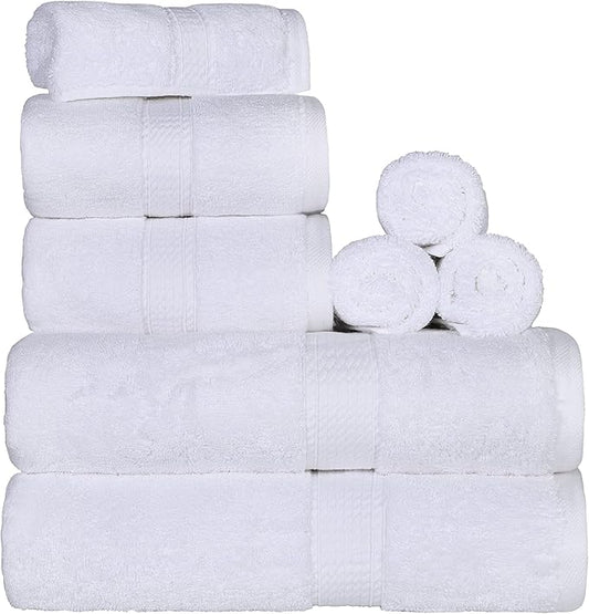 Superior Egyptian Cotton Pile 8 Piece Towel Set, Includes 2 Bath, 2 Hand, 4 Face Towels/Washcloths, Ultra Soft Luxury Towels, Thick Plush Essentials, Guest Bath, Spa, Hotel Bathroom, White