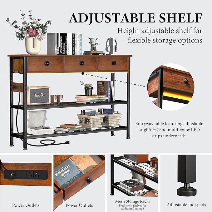 47" Entryway Table with Outlets: Console Table with 3 Wood Drawers and Storage Shelves, USB Ports, LED Light Strip for Sofa, Living Room, Hallway, Foyer, Couch, TV and Aquarium Stand
