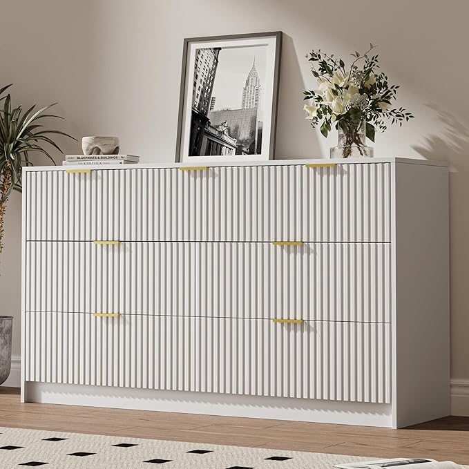 White 7 Drawer Dresser for Bedroom, Modern Fluted Dresser with Gold Metal Handles, Wide Chest of Drawers for Bedroom,Living Room, Entryway, Hallway, 55.9" L x 15.7" D x 31.4" H