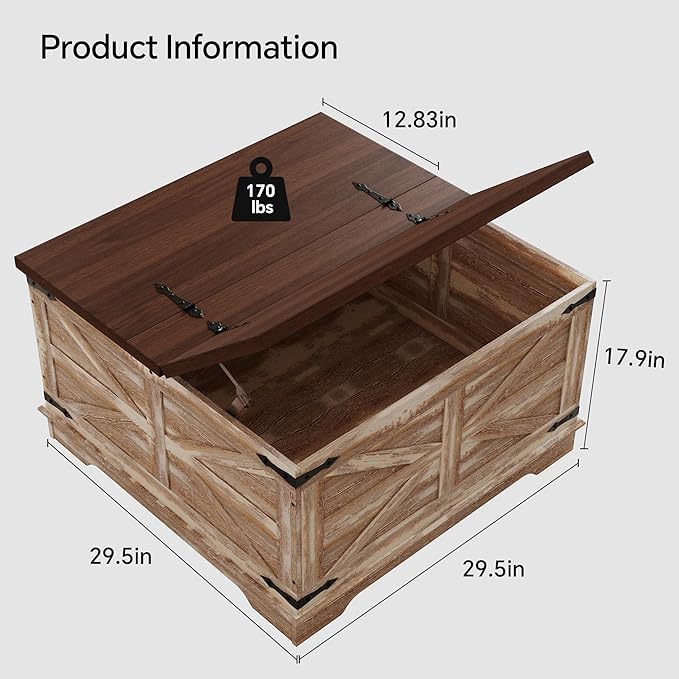 Farmhouse Coffee Table, Heavy-Duty Coffee Table with Storage, Square Wood Center Table Set for Living Room with Pull Up Large Hidden Storage Compartment,Rustic Brown