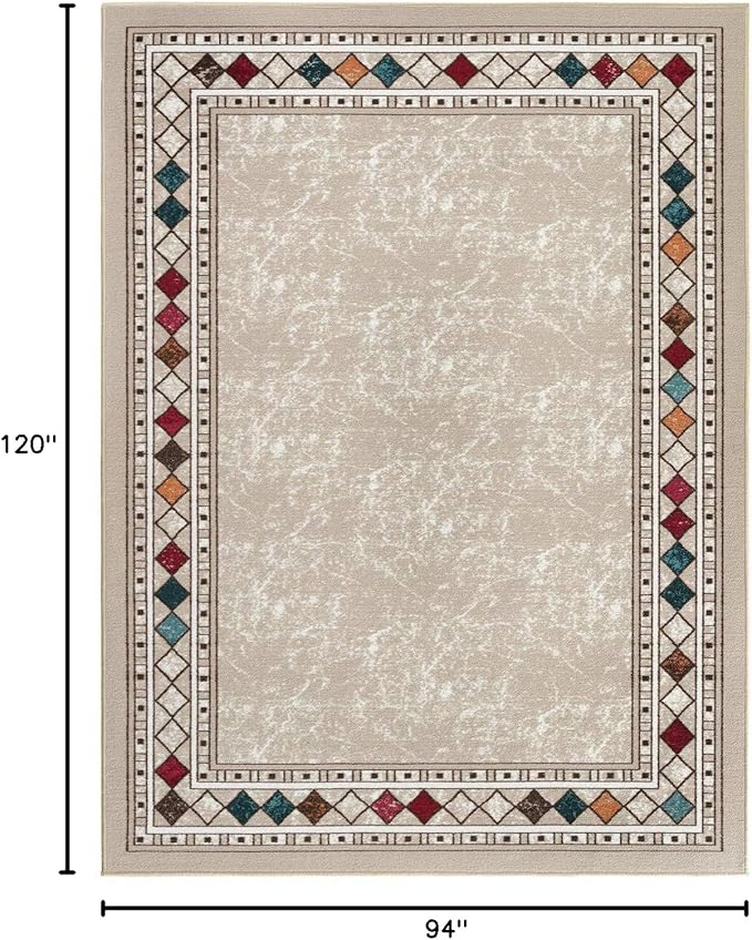 Antep Rugs Alfombras Modern Bordered 8x10 Non-Skid (Non-Slip) Low Profile Pile Rubber Backing Indoor Area Rugs (Beige, 7'10" x 10')