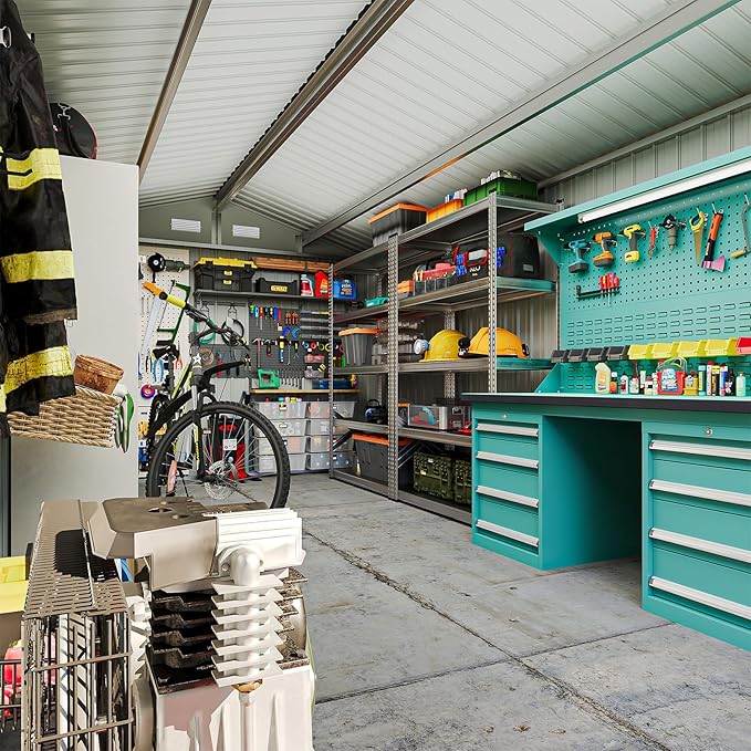 8x15 FT Metal Outdoor Storage Shed, Dual Doors with Lockable Bolts, Large Garden Shed for Yard Tools, Bike, Generator, Waterproof Galvanized Steel Panel with Vent & Sloping Roof(Brown)