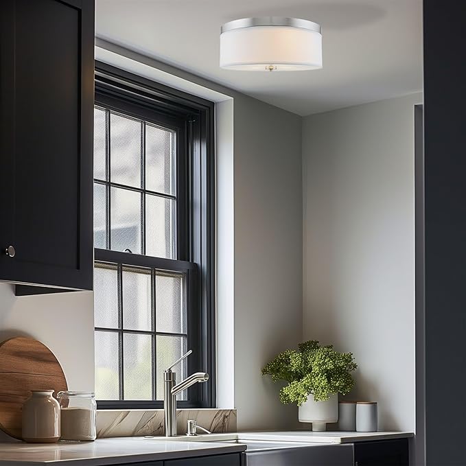 Kira Home Walker 15" Mid-Century Modern 3-Light Flush Mount Ceiling Light, White Fabric Shade + Round Glass Diffuser, Brushed Nickel Finish