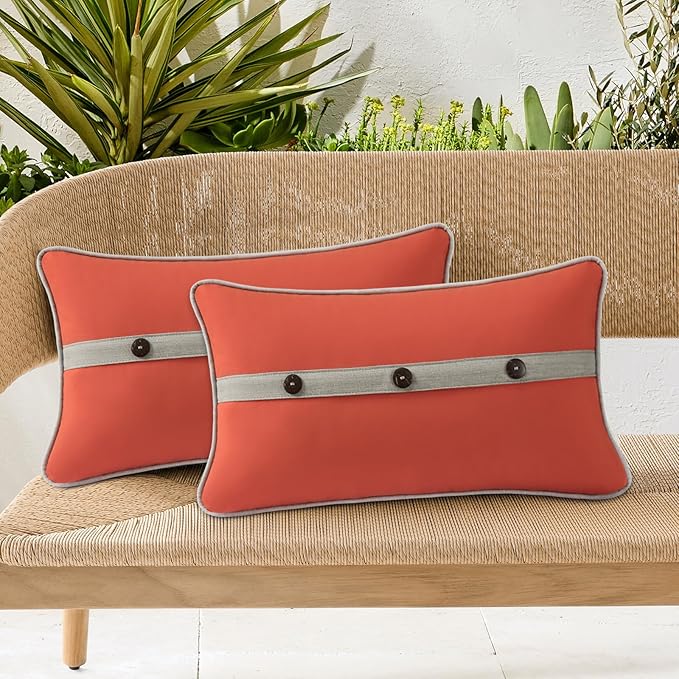 Outdoor Sunbrella Decorative Pillows with Triple Coconut Buttons Pack of 4, 20" x 12" Outdoor Pillow Set for Couch Bed Throw Patio Sofa, Canvas Melon/Cast Ash