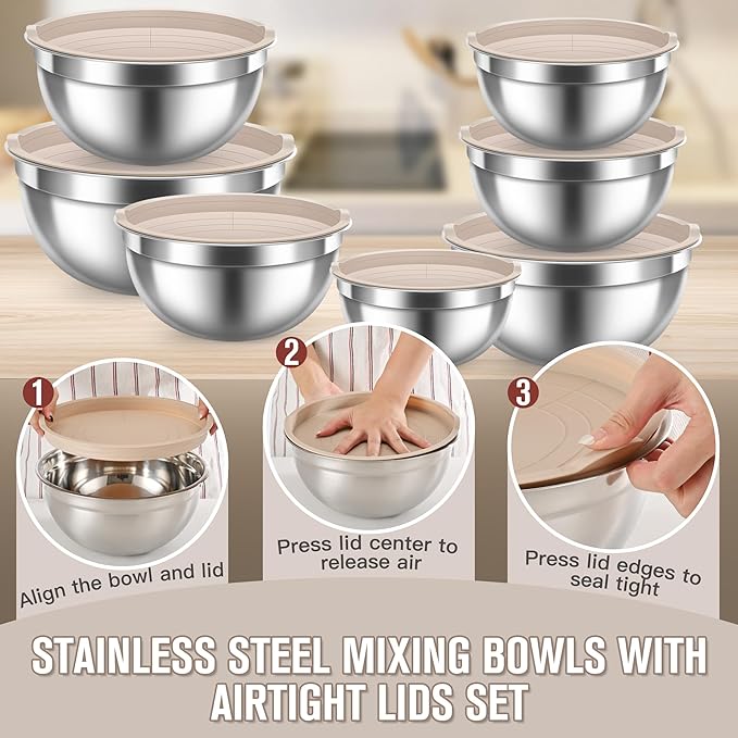 21PCS Mixing Bowl Set with 7 Mixing Bowls &14 Measuring Spoons, Stainless Steel Nesting Bowls for Baking & Cooking (No-Slip Base Not Included)