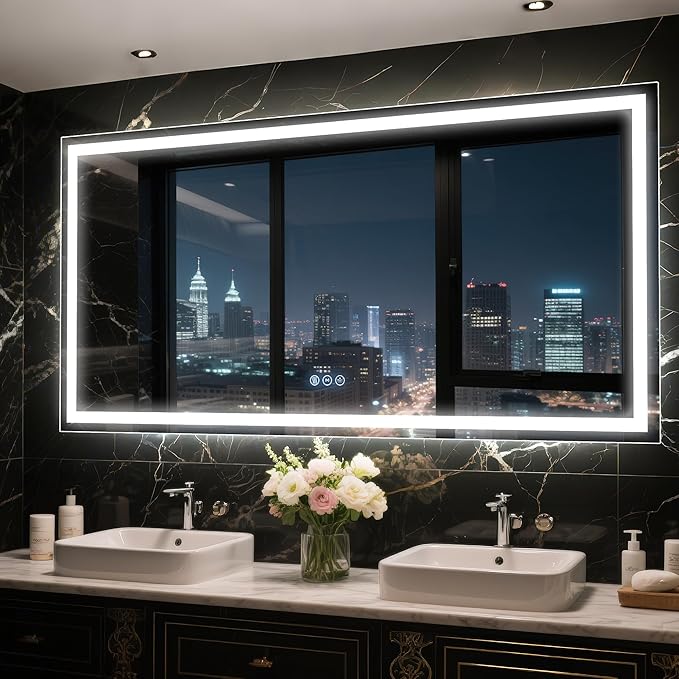 Antok 72"x 36" LED Bathroom Mirror with Lights, Anti-Fog, Dimmable, Lighted Vanity Mirror with Tempered Glass, Memory Function, 3 Light Modes, Safe Use, Horizontal, Vertical