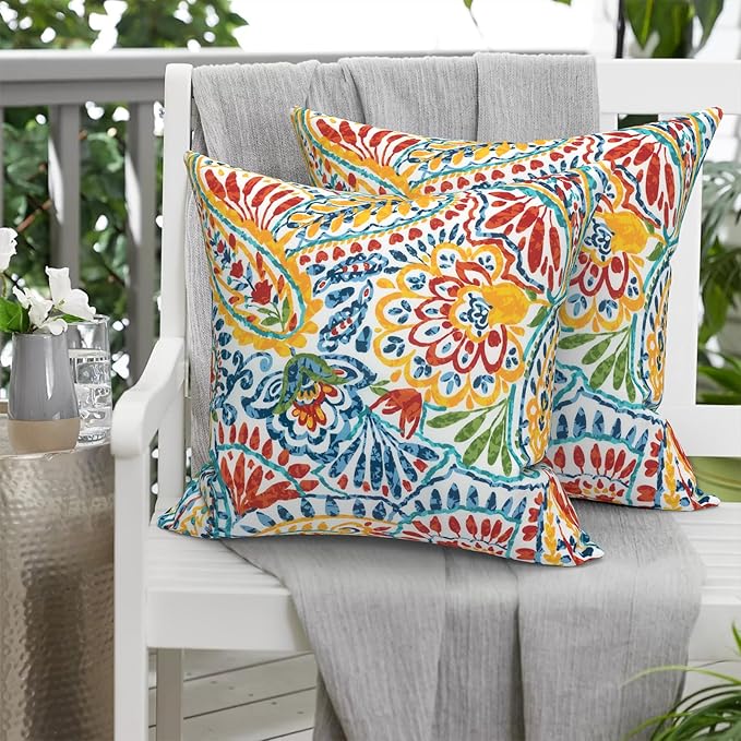 Pack of 2 Patio Throw Pillow Covers ONLY, Water Repellent Cushion Cases 20x20 Inch, Square Pillowcases for Outdoor Couch Decoration, Paisley Multi