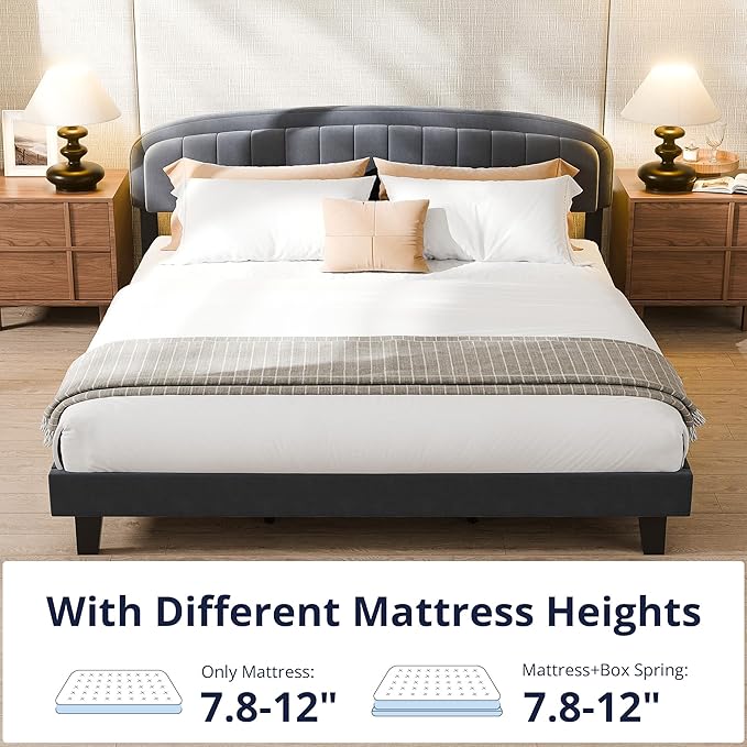 Cozy Castle King Size Bed Frame, Upholstered Platform Bed with Velvet Adjustable Curved Headboard, Mattress Foundation with Strong Wooden Slats, No Box Spring Needed, Easy Assembly, Gray