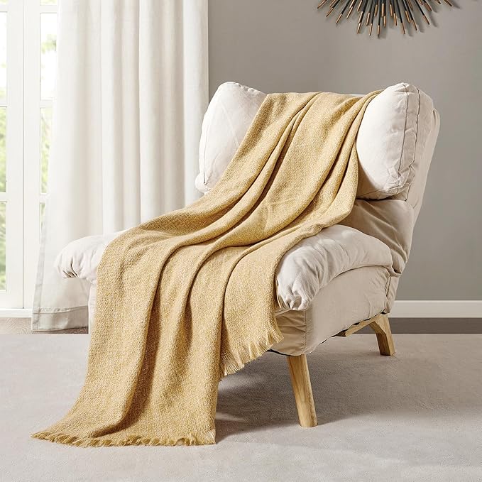 BOURINA Faux Cashmere Fringe Throw Blanket Decorative Lightweight Throw Soft Cozy for Bed or Sofa Outdoor Blanket, 50" x 70" Yellow