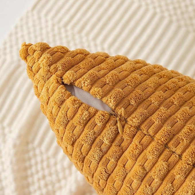 Kevin Textile Throw Pillow Covers Soft Corduroy Decorative Set of 2 Boho Striped Pillow Covers Pillowcases Farmhouse Home Decor for Couch Bed Sofa Living Room 24x24 Inch Golden Yellow