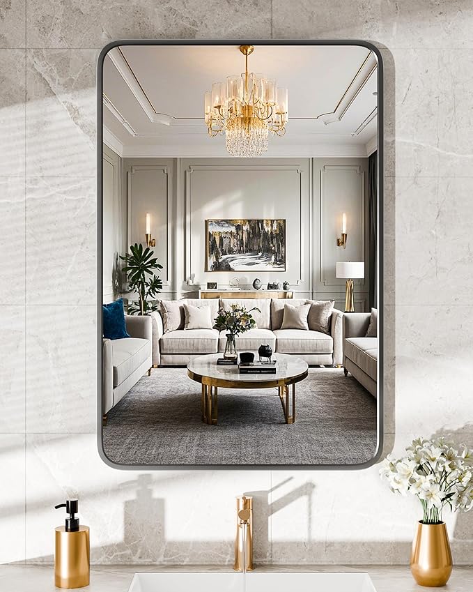 Bathroom Mirror 30" X 22" Wall Mount Dresser Metal Frame Rounded Rectangular Mirror Over Sink Vanity Hungs Horizontally Or Vertically for Bedroom, Entryway, Living Room,Black