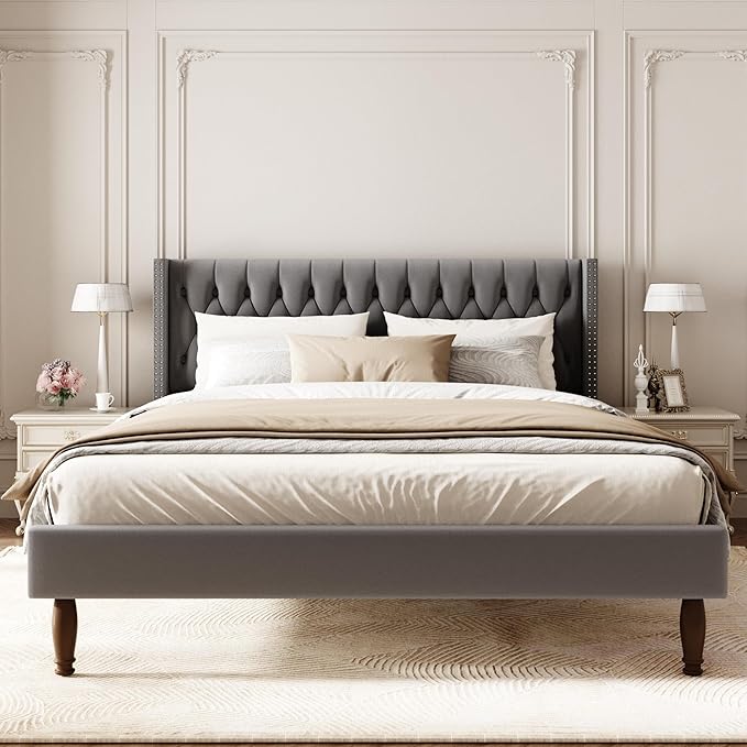 King Size Velvet Upholstered Bed Frame, 49.2" Tall Wingback Headboard, Deep Button Tufted, No Box Spring Needed, Solid Wood Legs, Grey