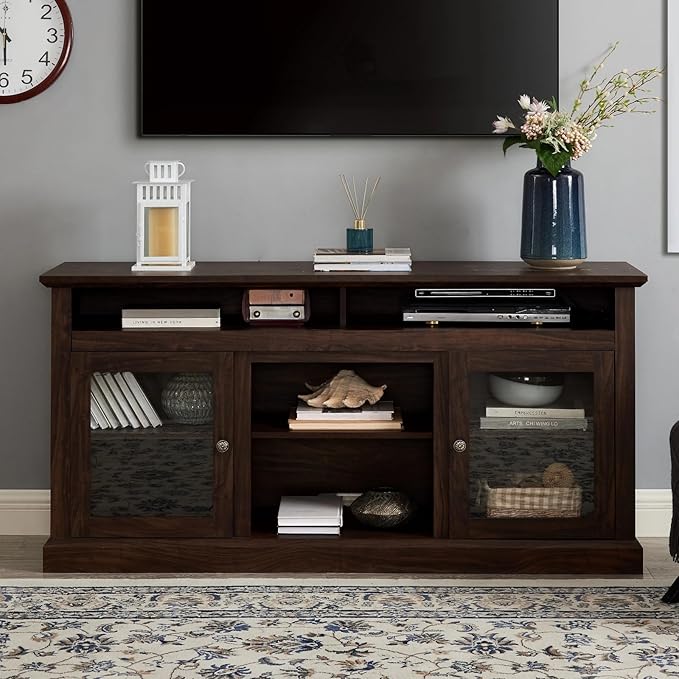 HMFULE 60" Farmhouse TV Stand for 60 65 Inch Television, Entertainment Center with 2 Storage Cabinets Glass Doors & Adjustable Shelves, 29" Tall Media Console Rustic Furniture for Living Room (Brown)