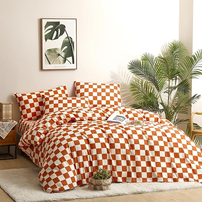 CLOTHKNOW Rust Beige Plaid King Size Comforter Set 3Pcs Grid Bedding Comforter Sets Soft Lightweight Caramel Comforter King Checker Comforter with 2 Pillow Cases